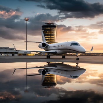 AI generated a private jet on the tarmac, with the airport terminal and control tower in the background. photo