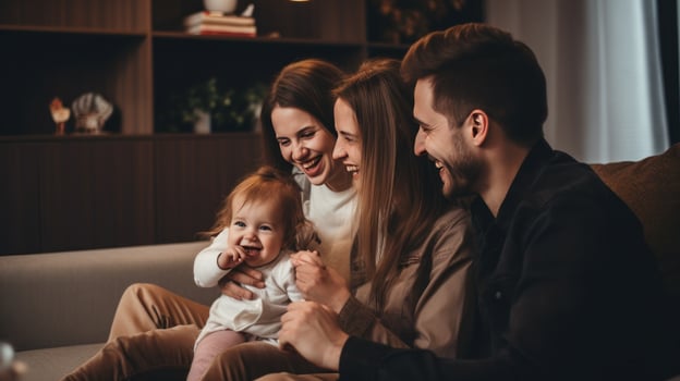 AI generated A young family of three, with a baby in the father's arms, watching a comedy show on TV photo