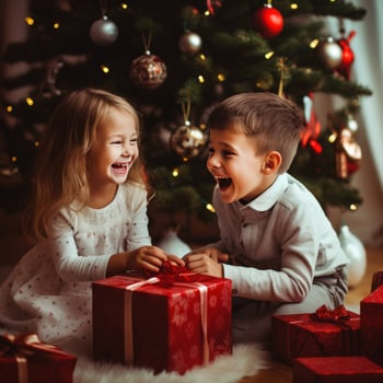 AI generated children excitedly looking at decorations and gifts under the Christmas tree. photo