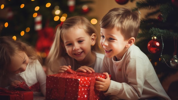 AI generated children excitedly looking at decorations and gifts under the Christmas tree. photo