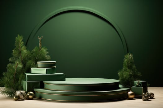 AI generated green round pedestal with christmas trees and christmas gifts photo