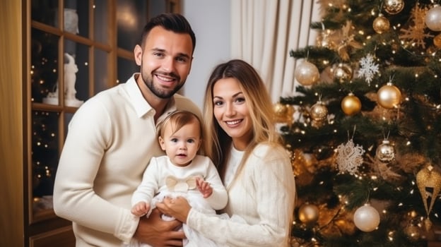 AI generated happy family near christmas tree photo