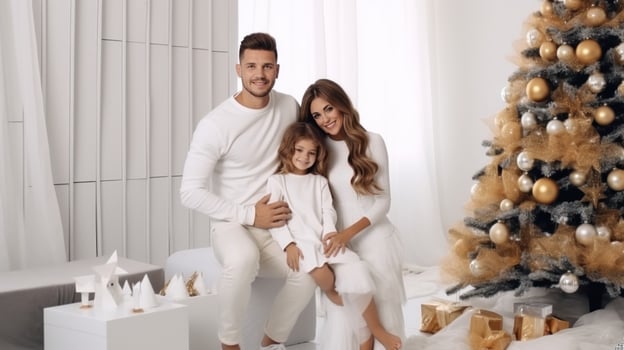 AI generated happy family near christmas tree photo