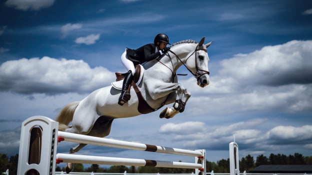 AI generated A rider and horse soaring over a series of jumps in an equestrian competition photo