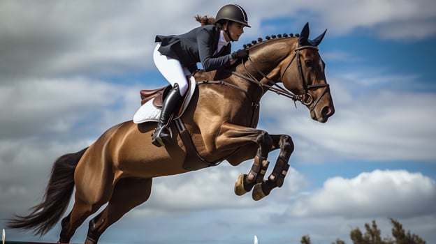 AI generated A rider and horse soaring over a series of jumps in an equestrian competition photo