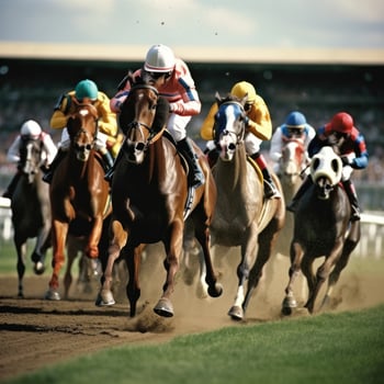 AI generated A thrilling shot of jockeys and their horses thundering past the finish line at a racetrack photo