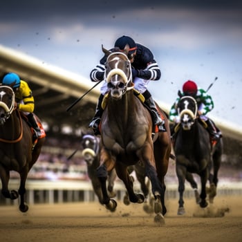AI generated A thrilling shot of jockeys and their horses thundering past the finish line at a racetrack photo
