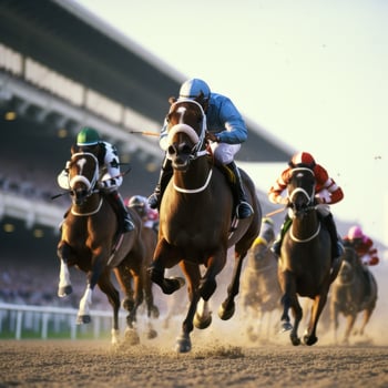 AI generated A thrilling shot of jockeys and their horses thundering past the finish line at a racetrack photo