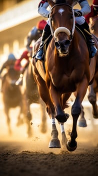 AI generated A thrilling shot of jockeys and their horses thundering past the finish line at a racetrack photo