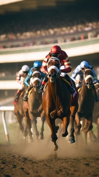 AI generated A thrilling shot of jockeys and their horses thundering past the finish line at a racetrack photo