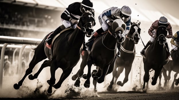 AI generated A thrilling shot of jockeys and their horses thundering past the finish line at a racetrack photo