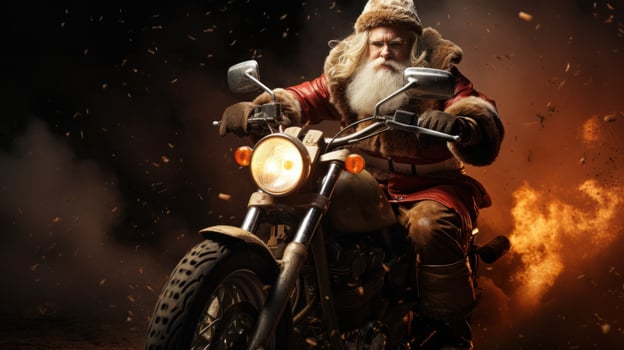 AI generated santa on motorbike with big bad. photo