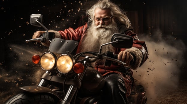 AI generated santa on motorbike with big bad. photo
