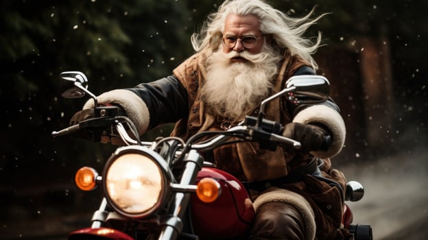 AI generated santa on motorbike with big bad. photo