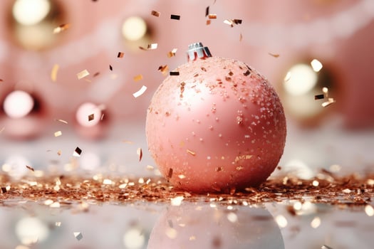 AI generated Pink Christmas tree toy ball with festive confetti on a pink bokeh background. photo