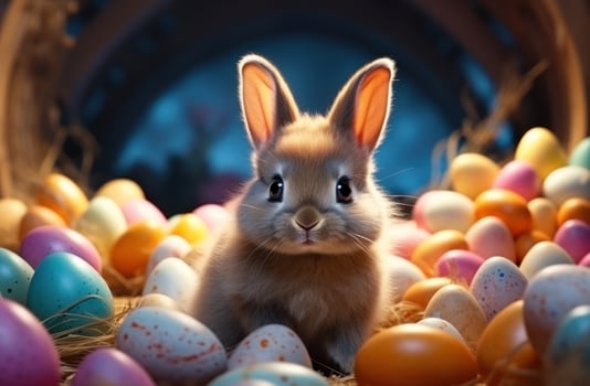 AI generated the little bunny is sitting among many coloured eggs, photo