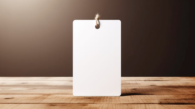 AI generated white blank tag with blank front realistic on a mockup template in a wooden table with olive leaf branch photo