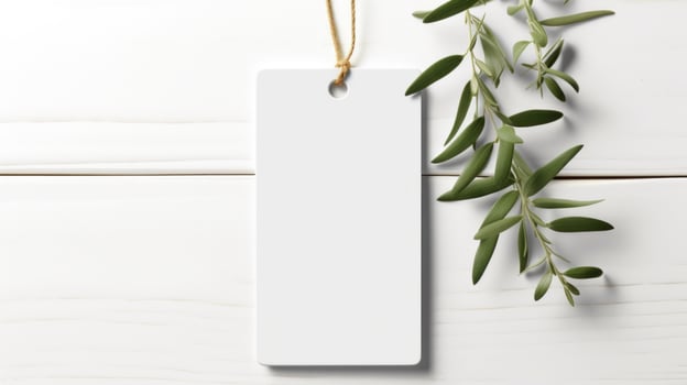 AI generated white blank tag with blank front realistic on a mockup template in a white wooden table with olive leaf branch photo