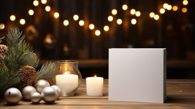 AI generated White greeting card with blank front, realistic on a mockup template in a wooden table in a christmas luxuty background in home inside, photo