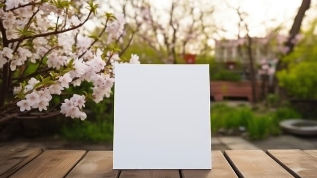AI generated White greeting card with blank front, realistic on a mockup template in a wooden table in a christmas luxuty background in home inside, photo
