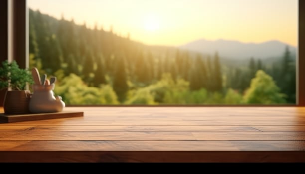 AI generated a wooden kitchen table is in front of a window, photo