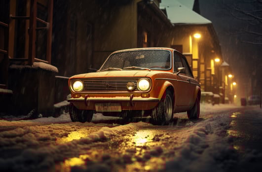 AI generated an orange car on a snow covered street, photo