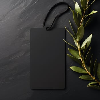 AI generated black blank tag with blank front realistic on a mockup template in a black stone table photo