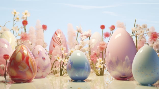 AI generated colorful easter eggs sitting around the flowers, photo