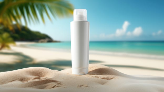 AI generated Cosmetic product with blank front, realistic on a mockup template in a sand in a tropical beach photo