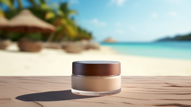 AI generated Cosmetic product with blank front, realistic on a mockup template in a sand in a tropical beach photo