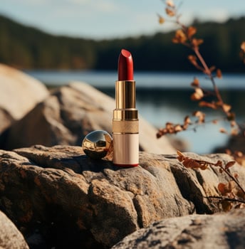 AI generated lipstick sitting on a rock near a lake, photo