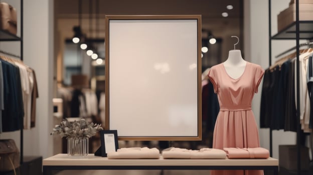 AI generated poster image with blank front ealistic on a mockup template in a brick wall in a luxury modern clothing shop, photo