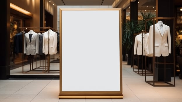 AI generated poster image with blank front ealistic on a mockup template in a brick wall in a luxury modern clothing shop, photo