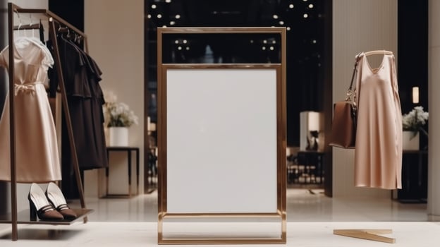 AI generated poster image with blank front ealistic on a mockup template in a brick wall in a luxury modern clothing shop, photo