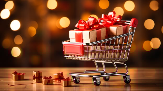 AI generated Holiday shopping spree, cart full of gift boxes, red festive bows, blurred lights backdrop photo