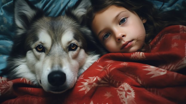 AI generated Generative AI, cute child and dog sleeping on cozy warm blanket in the bed, friendship concept, hygge style, muted aesthetic colors photo