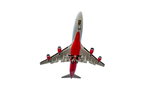 Under of Passenger Plane flying through on white background photo