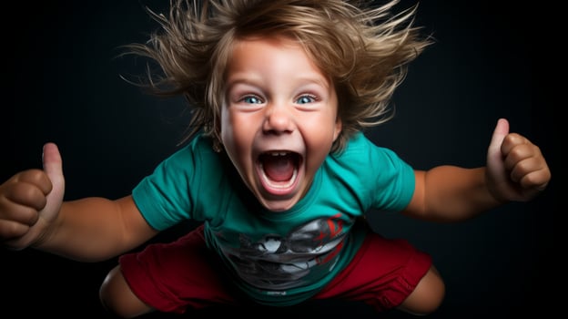 AI generated A young boy jumps into the air with joy. Generative AI photo