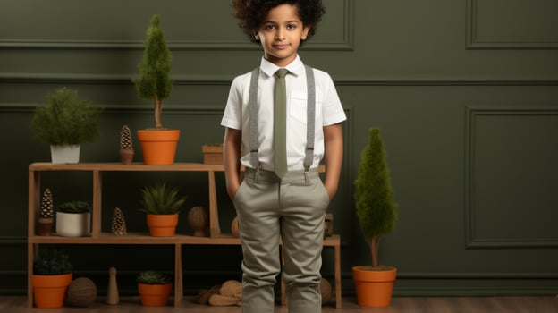 AI generated A young boy in a white shirt and tie standing in front of a green wall. Generative AI photo