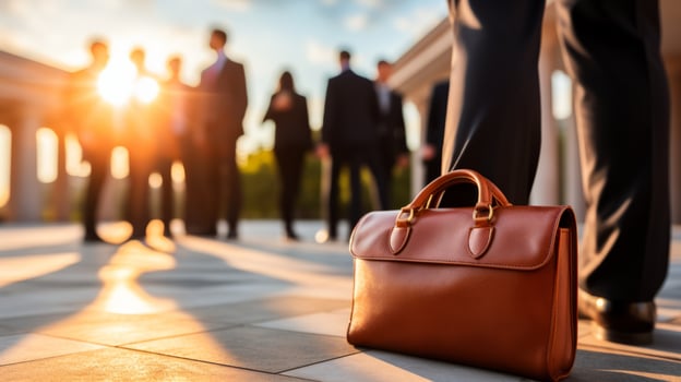 AI generated Picture of a group of business people describing a meeting at sunset. Generative AI photo