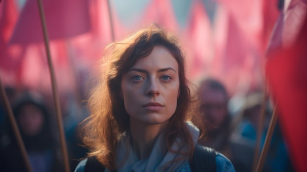 AI generated A woman stands before a crowd of people during a protest. Generative AI photo