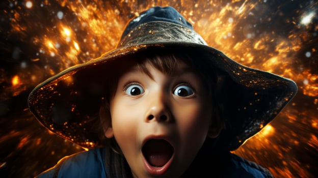AI generated A young boy wearing a hat, his eyes wide open in surprise. Generative AI photo