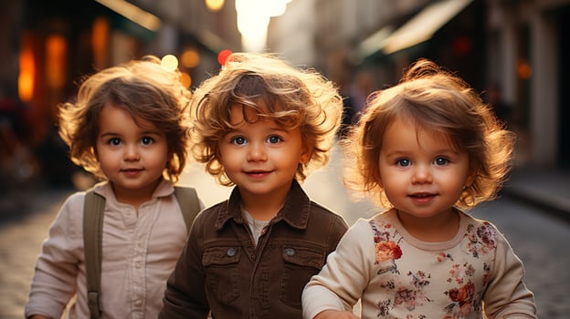 AI generated Three young children standing in a street, wearing colorful clothes and smiling happily. Generative AI photo