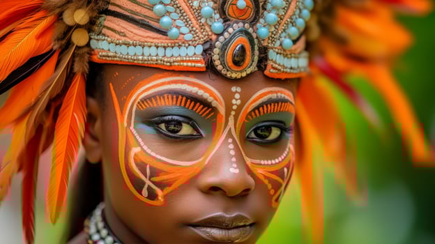 AI generated A woman with vibrant face paint and feathers adorning her head, creating a colorful and captivating image. Generative AI photo