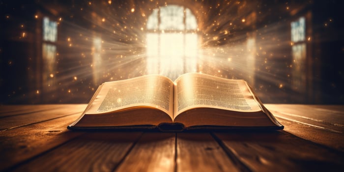 AI generated a book with sunlight shining from it in a library, photo