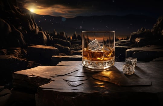 AI generated a glass of a whisky sitting inside of a dark scene photo
