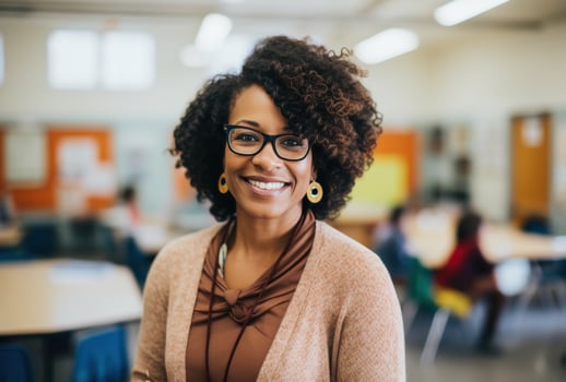 AI generated a woman in glasses is smiling at the camera in a classroom, photo