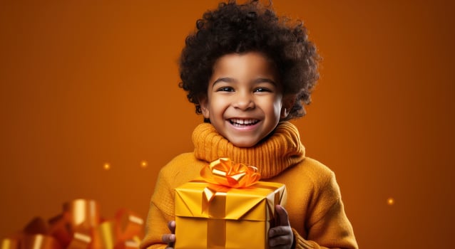 AI generated a young boy holding a present with his hands photo