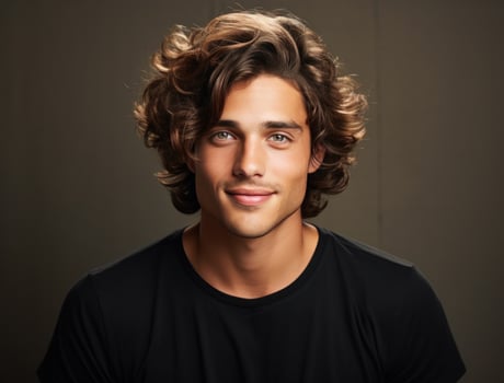 AI generated a young male with curly hair smiling and frowning photo