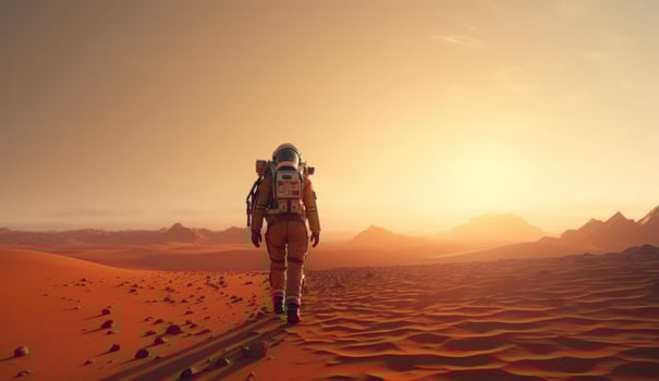 AI generated an astronaut walking along the desert floor and planet photo